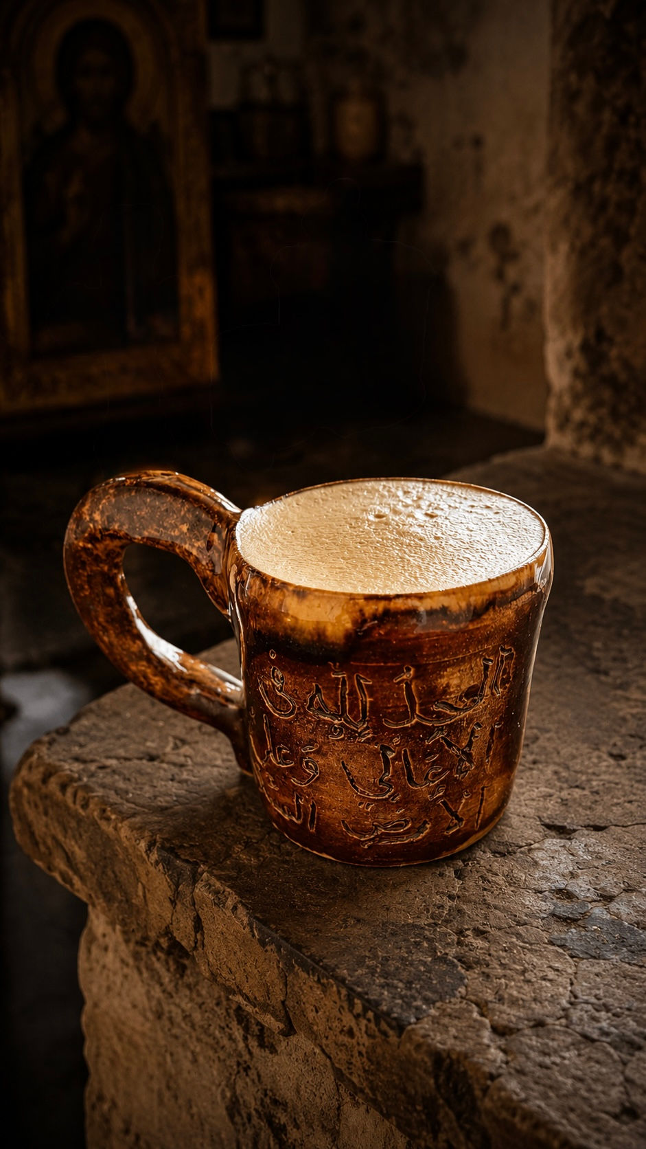 Handcrafted stoneware coffee cup by DOM VECHERA, featuring Orthodox inscription, photographed on neutral background.