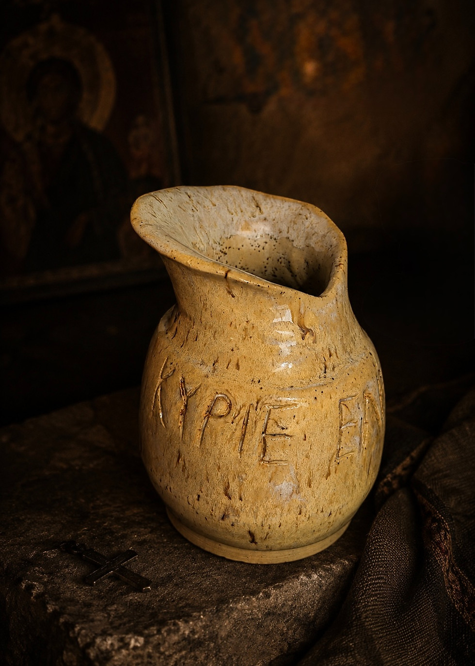 Handcrafted stoneware vase by DOXA & STAVROS, featuring Orthodox inscription, photographed on neutral background.