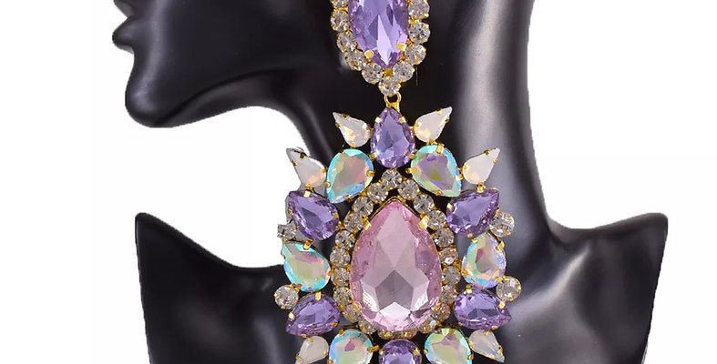 14.5CM Elegant Purple Crystal Clip on Women Earring Pink Water Drop Huge