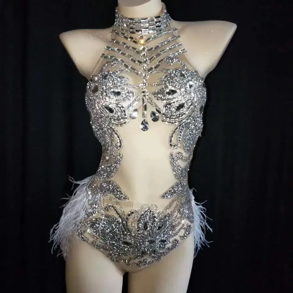 Sparkly Silver Crystals Mesh Bodysuit Women Feather Leotard Outfit