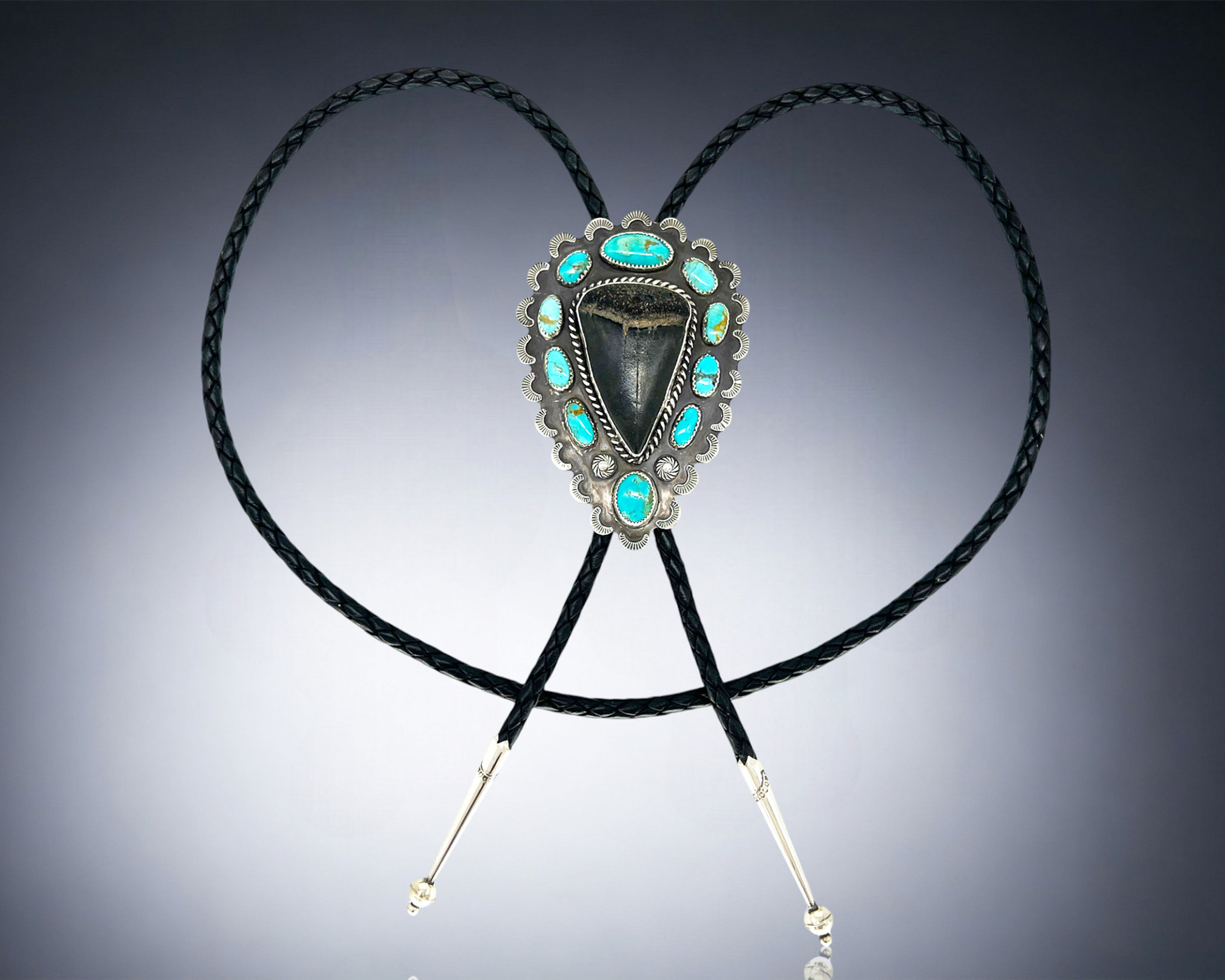 Southwestern Kingman Turquoise and Shark Tooth Sterling Silver Bolo
