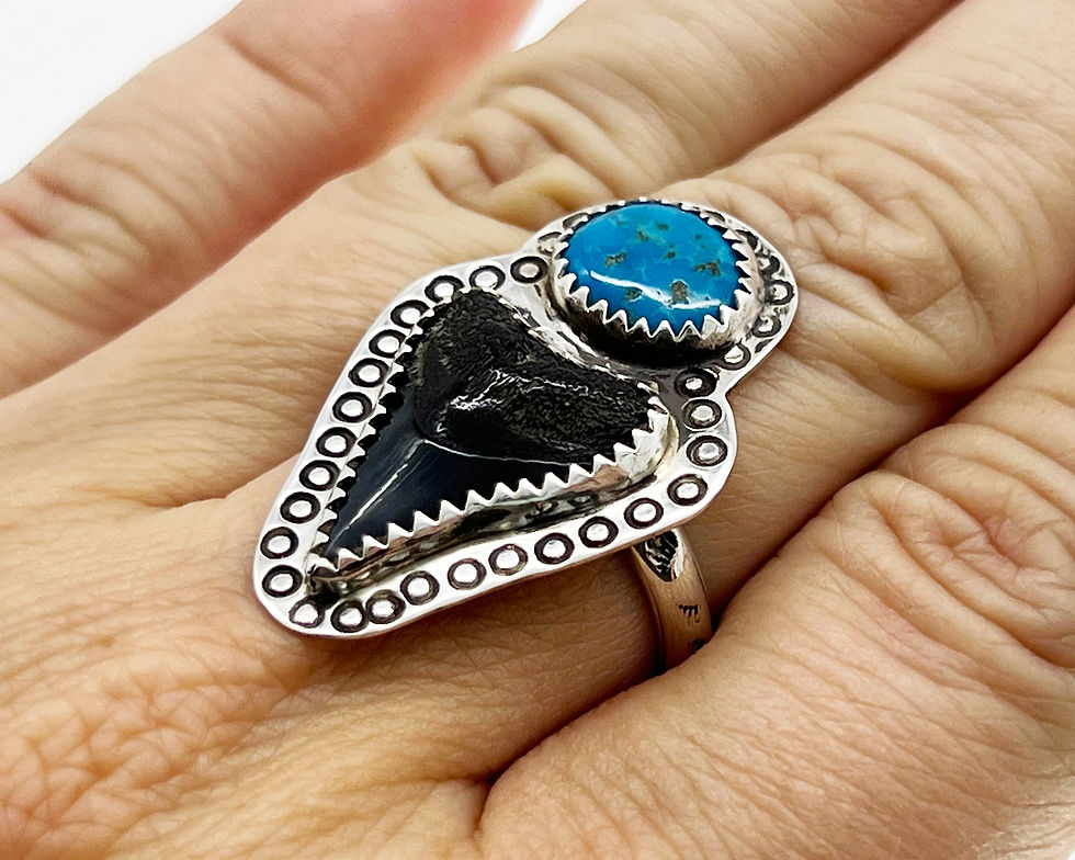 Thumbnail: Size 7.75 sterling silver & turquoise reef shark tooth ring handmade