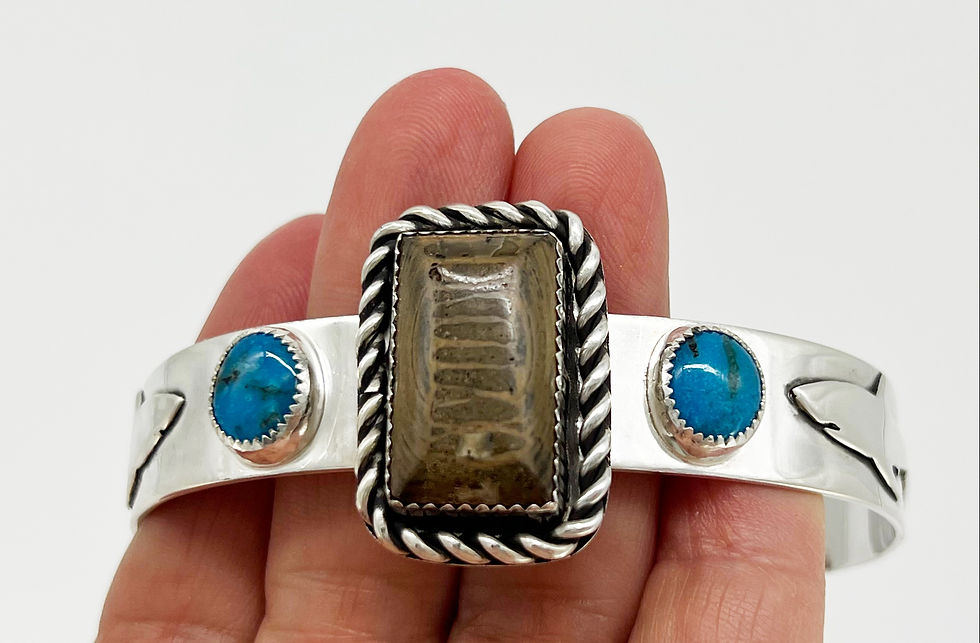 Thumbnail: Men's Sterling Silver Fossil Meg Vertebra and Turquoise Cuff Bracelet