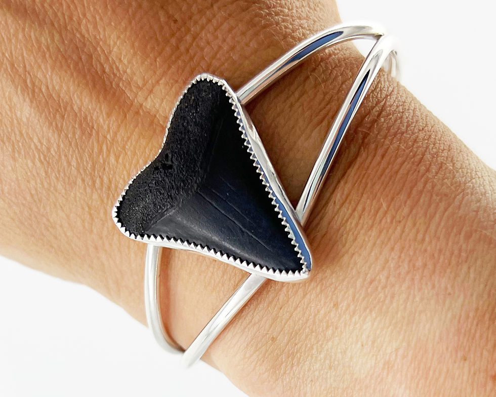 Thumbnail: Sterling Silver Cuff Bracelet Set with a Jet Black Shark Tooth OOAK