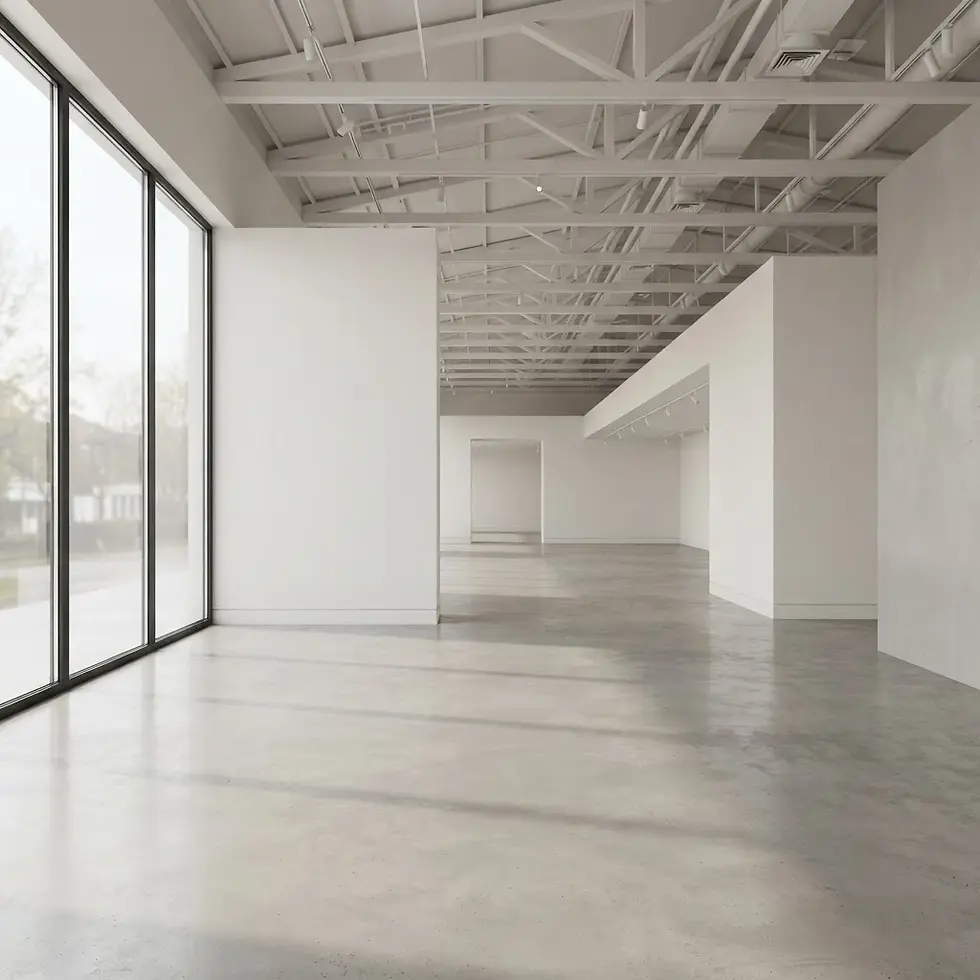 Studio photography of a modern, minimalist gallery space with polished concrete floors and exposed white ceiling beams. The room is empty and illuminated by natural light streaming through large floor-to-ceiling windows.