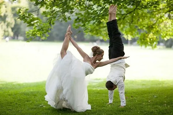 wedding couple doing yoga