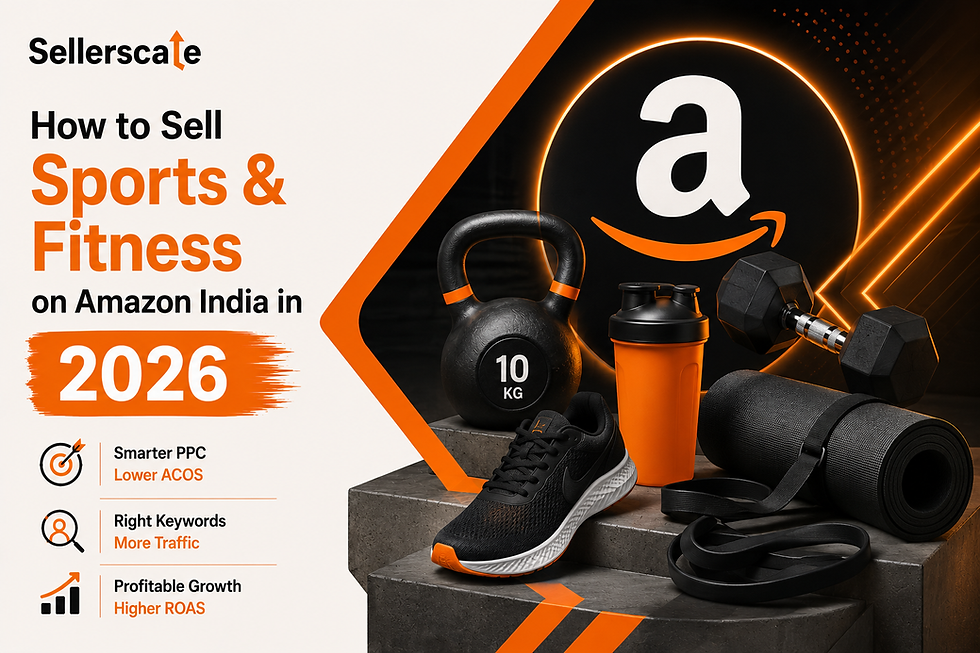 Amazon India sports and fitness seller poster for 2026 with kettlebell, shoes, shaker, dumbbell, mat, and PPC/ACOS/ROAS icons