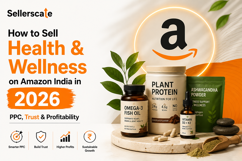 Health and wellness products displayed beside an Amazon India seller dashboard, representing compliance, PPC advertising and profitable marketplace growth.