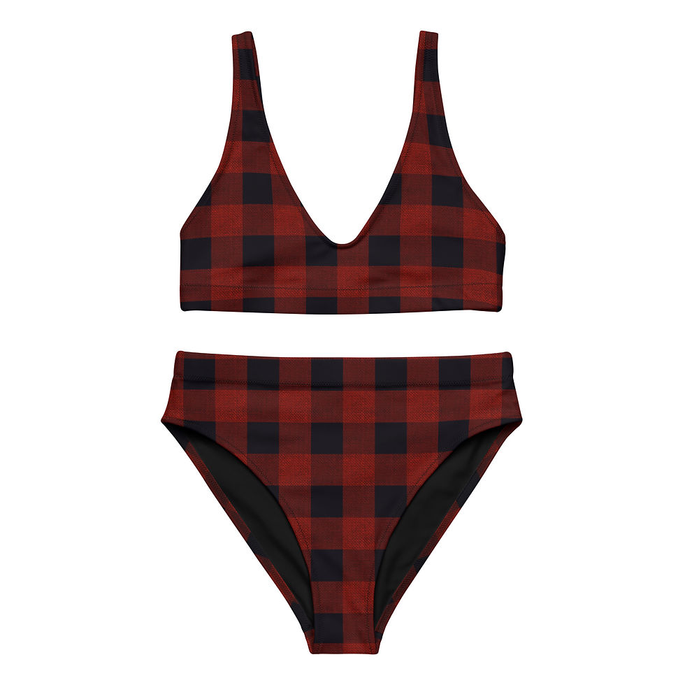 Textured Plaid Red High-Waisted Bikini