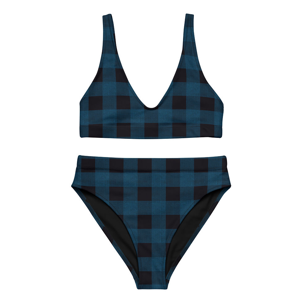 Textured Plaid Blue High-Waisted Bikini