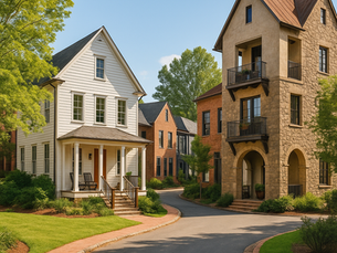 Scenic view of Serenbe community with walking paths, modern cottages, and lush greenery surrounded by trees under a bright blue sky.