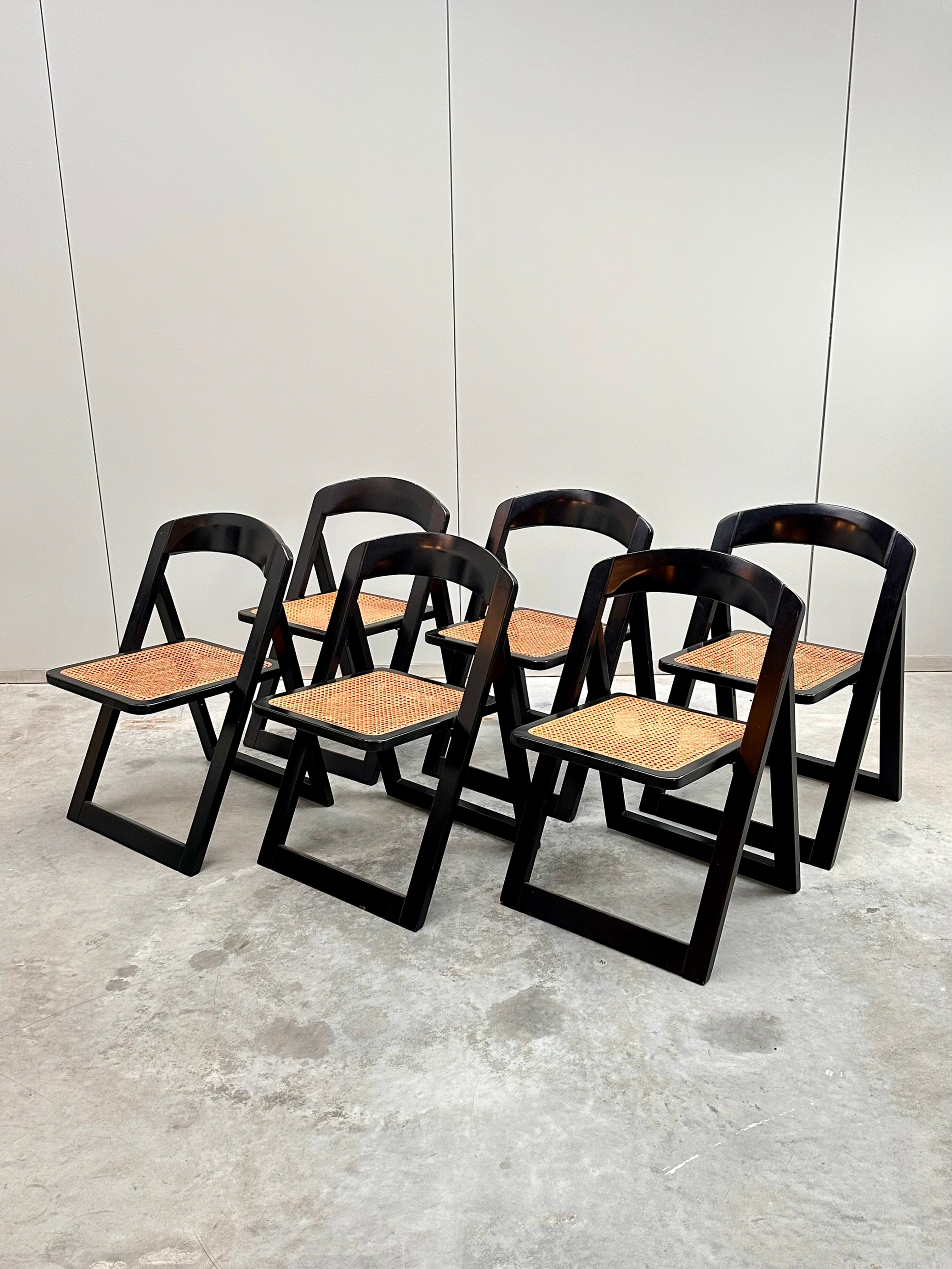 Set of 6 cane folding chairs, Italy, 70s
