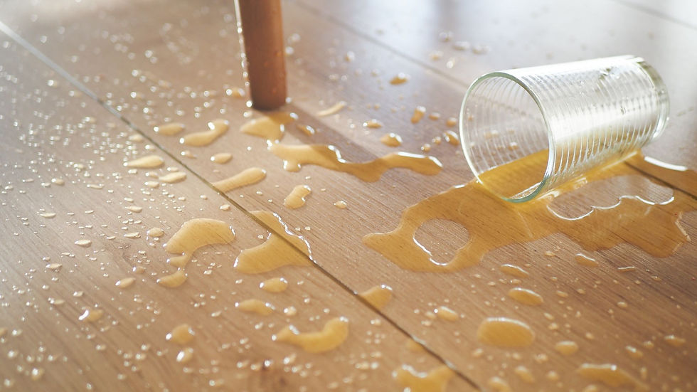 spilled liquid on engineered vinyl plank (evp) flooring demonstrating waterproof luxury vinyl plank flooring that resists water damage in kitchens, bathrooms, and other moisture-prone areas