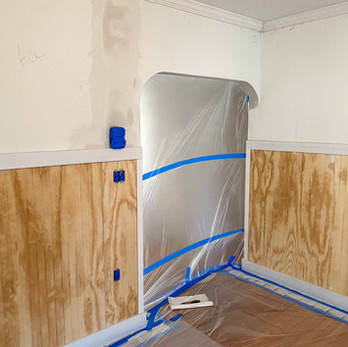 Newly remodeled dining room prepped for interior painting with HVLP in Andover CT

