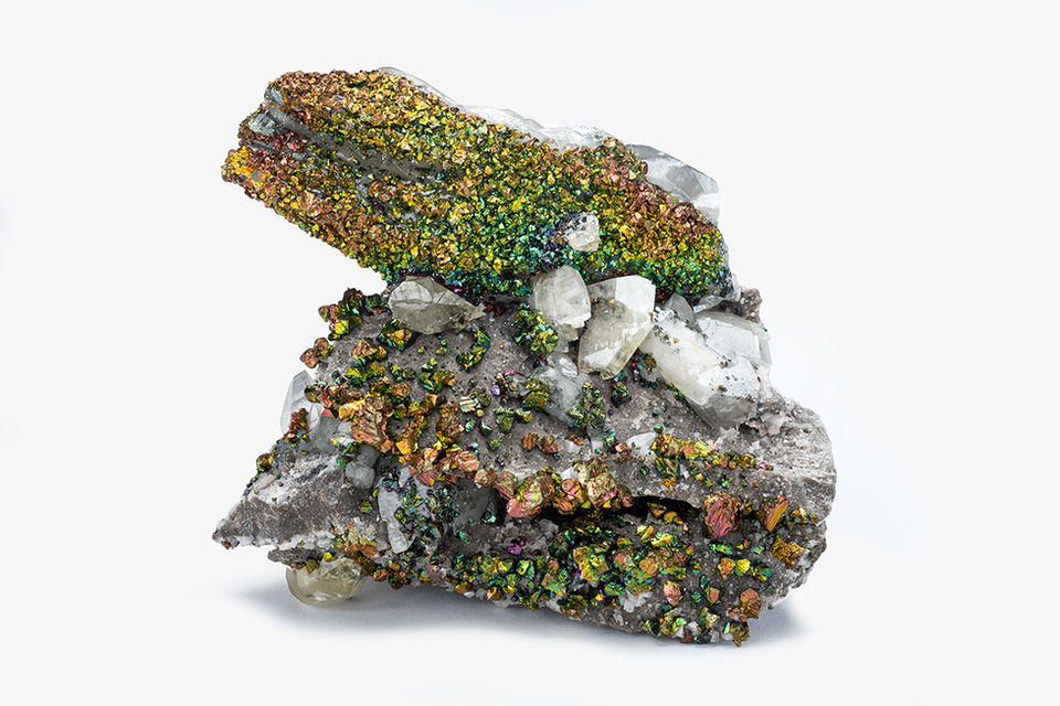 15 centimeter calcite with iridescent chalcopyrite specimen