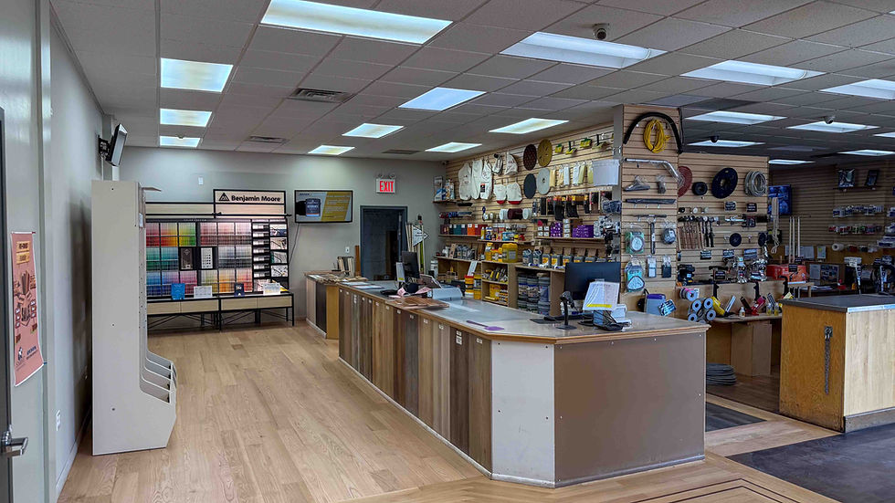 olson floor supply showroom in queens featuring hardwood flooring supplies, professional floor finishing products, tools, and benjamin moore paint
