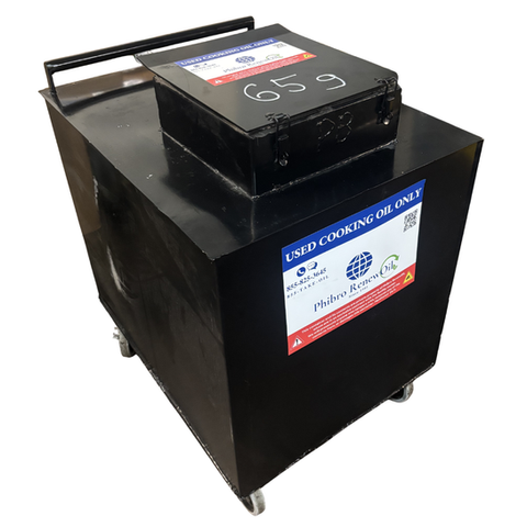 65 gallon used cooking oil recycling container with secure locking lid and Phibro RenewOil label for commercial kitchens