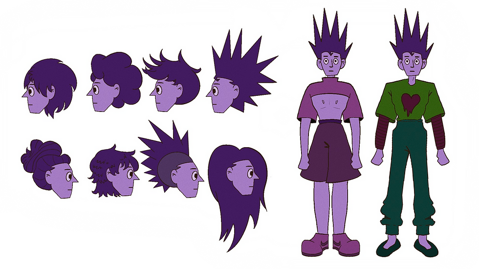 Character design of a purple-skinned and spiky haired character; different drawings of his hair on the left side of the page