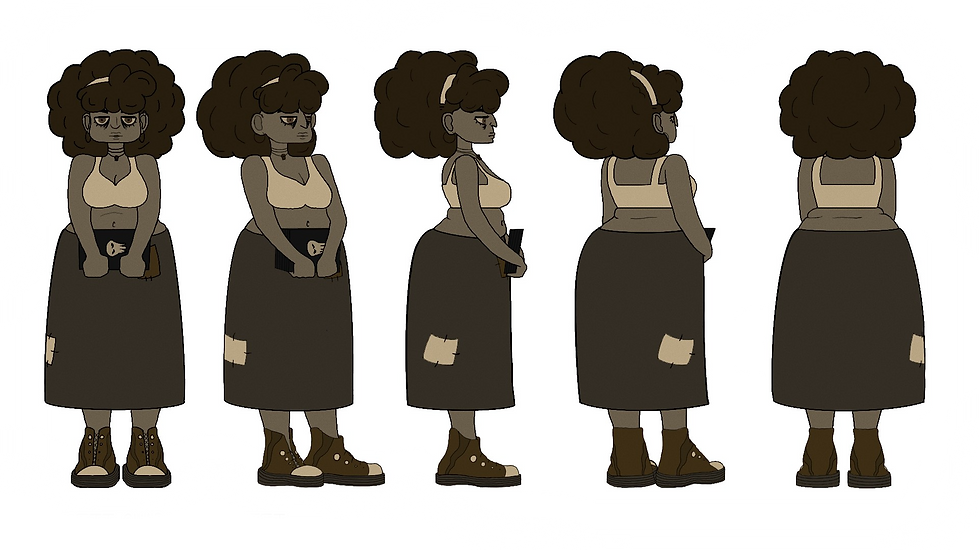 Drawing of a character from multiple angles with large, dark, puffed hair and a long dark skirt with patches of fabric