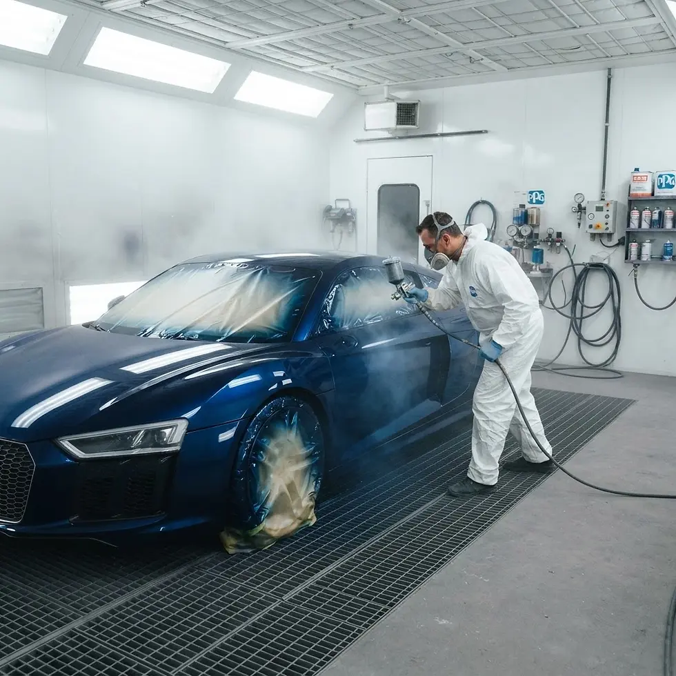 Studio photography of a technician wearing protective gear painting a blue supercar with a spray gun. The scene is set inside a clean, modern auto body paint booth.