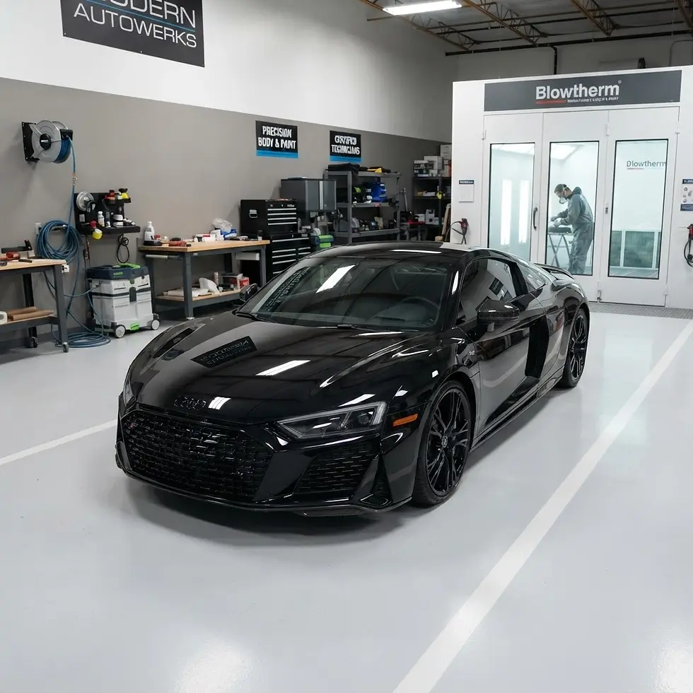 Studio photography of a black sports car parked inside a pristine, modern automotive body shop. The environment is clean and professional with specialized equipment visible in the background.