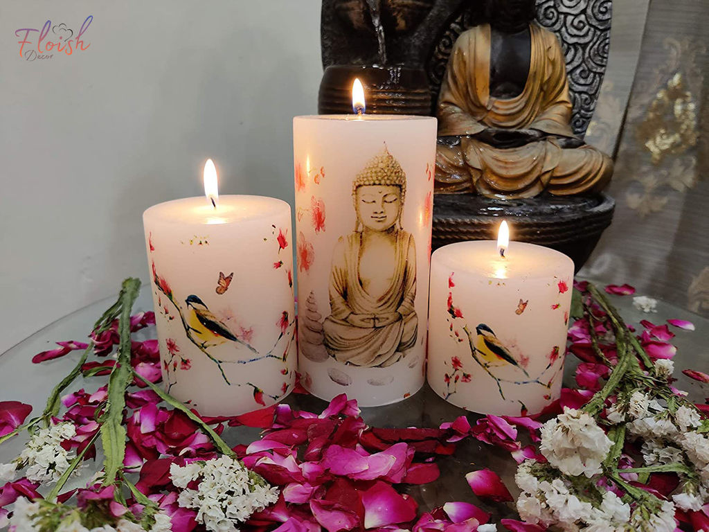 Floish Decor Premium Unscented Printed Buddha Pillar Candle Set (Set of 3 Pcs)