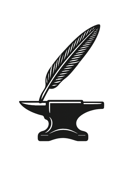"Black anvil logo with feather quill-The InkSmith Forge brand symbol"