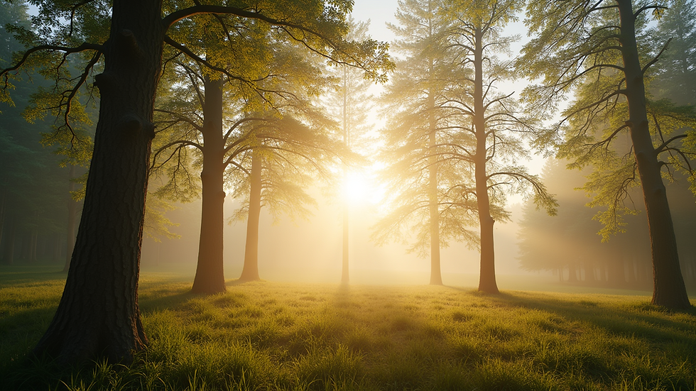 Close-up view of a serene landscape with soft sunlight filtering through trees