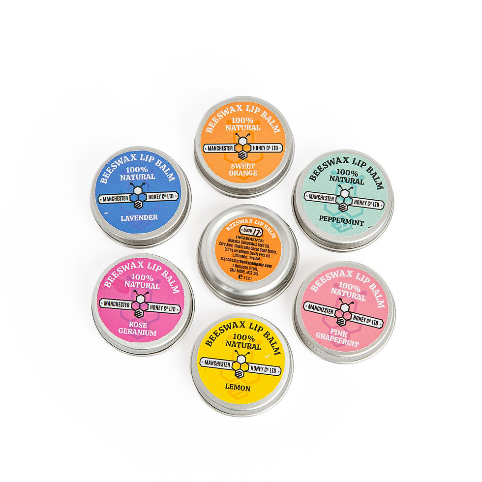 Thumbnail: Six varieties of Manchester Honey Co. lip balms arranged in a hexagonal pattern.