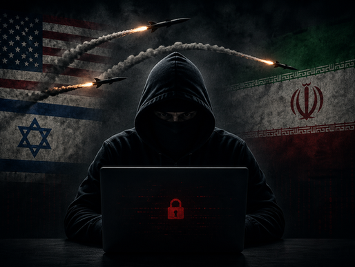 Hooded masked hacker using a laptop with faded US, Israel and Iranian flags in the background as missiles fly overhead, symbolising rising global cyber threats.
