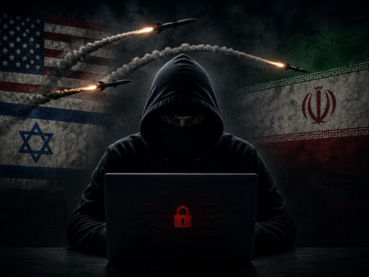 Hooded masked hacker using a laptop with faded US, Israel and Iranian flags in the background as missiles fly overhead, symbolising rising global cyber threats.