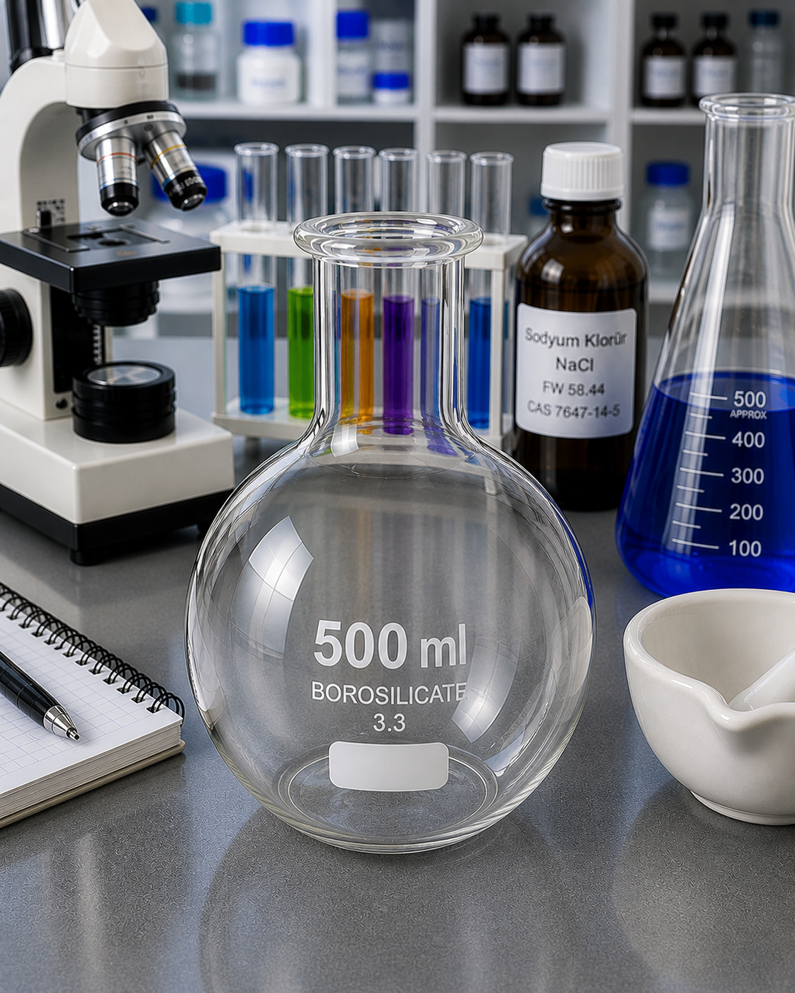 Balon Kısa Boyunlu Dibi Düz Borosilikat 500 ml