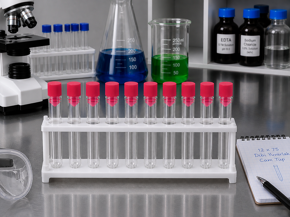 Küçük resim: 12x75 Mm CamDeney Tüpü Dibi Yuvarlak Kapaklı 100 Adet Laboratuvar Test Tüpü