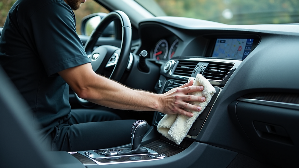 Close-up view of a professional car detailer cleaning a vehicle's interior