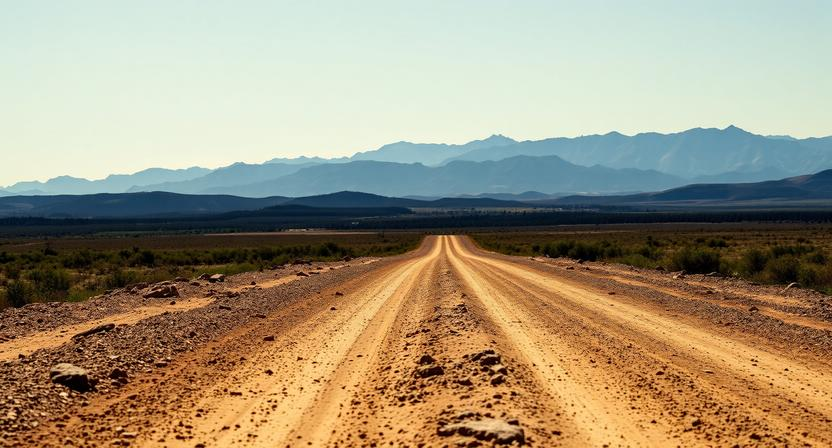 A dusty road stretches into the distance, serving as a leading line guiding the viewer's eye toward the distant mountain range under a clear sky.