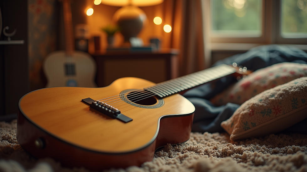 Close-up of a guitar resting beside a playful musical setting