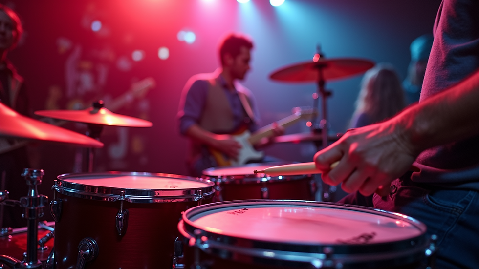 Close-up view of an electric drum set in a vibrant live performance
