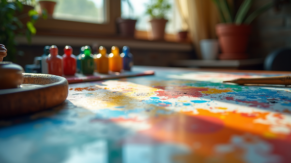 Eye-level view of a colorful art station with paints and musical instruments