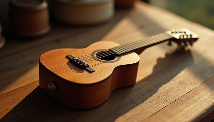 Eye-level view of a handmade wooden guitar-shaped music box on a table