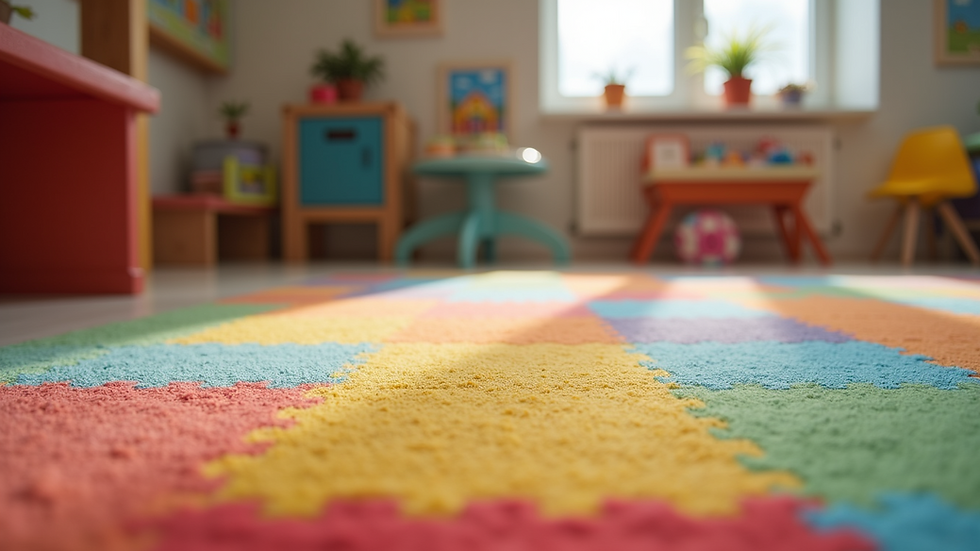 Eye-level view of a colorful rug placed in a play area
