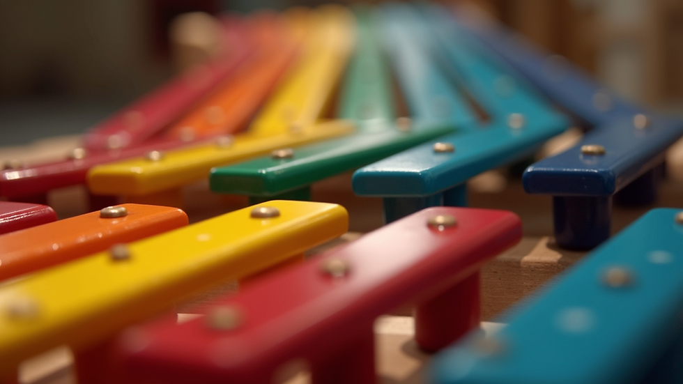 Close-up view of a colorful xylophone in rainbow order