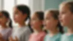 Close-up view of children practicing vocal warm-up exercises in a bright studio