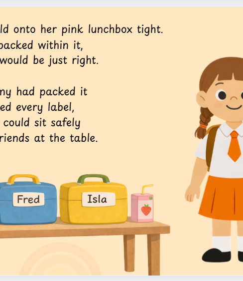 An extract from the book Aurora's Special Lunchbox. The image shows text about how Aurora feels safe going to school with her lunchbox knowing that her mummy had packed it safely for her.