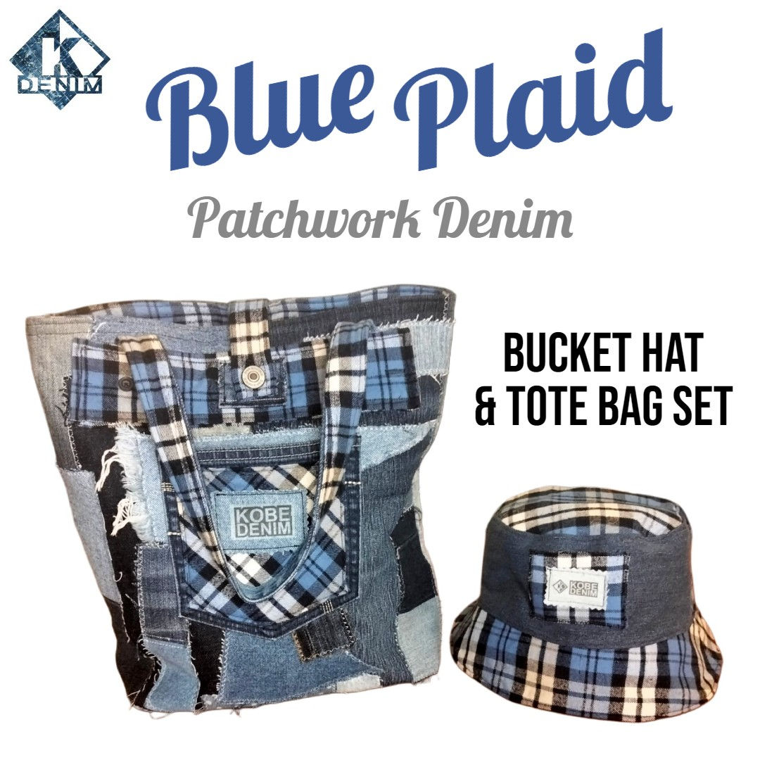Blue Plaid Patchwork Denim Bucket Hat & Tote Bag Set