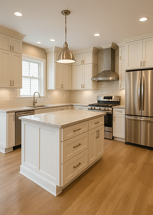 white granite countertops & wooden floor kitchen remodel