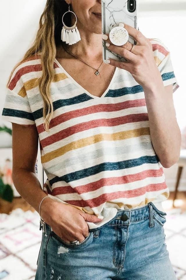 Multi-Color Striped V Neck Tee