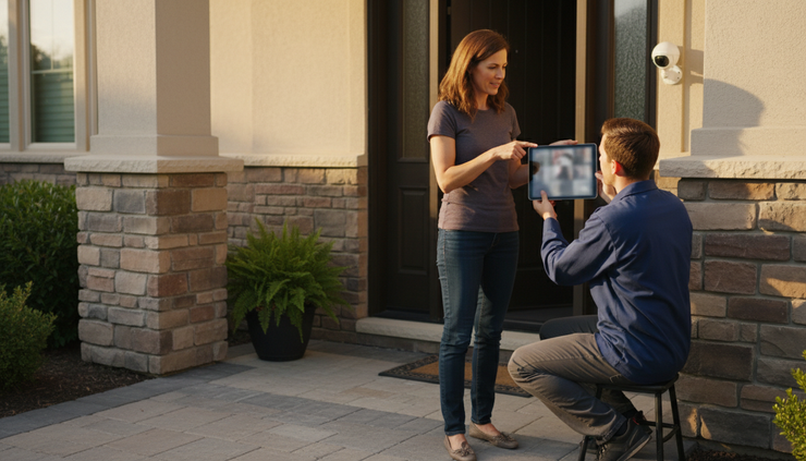 Eye-level view of a homeowner testing a security camera view on a tablet near a front entryway