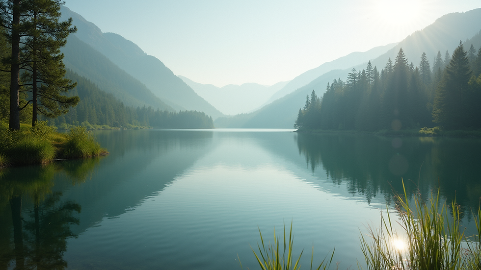 Close-up view of a serene nature scene with a calm lake and surrounding trees