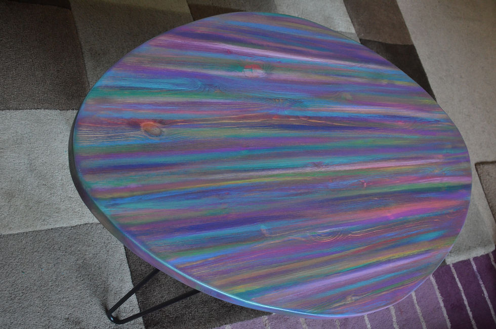 Thumbnail: Coastal Cottage Candy Stripe Oval Shape Coffee Table Black Metal Hair Pin Legs