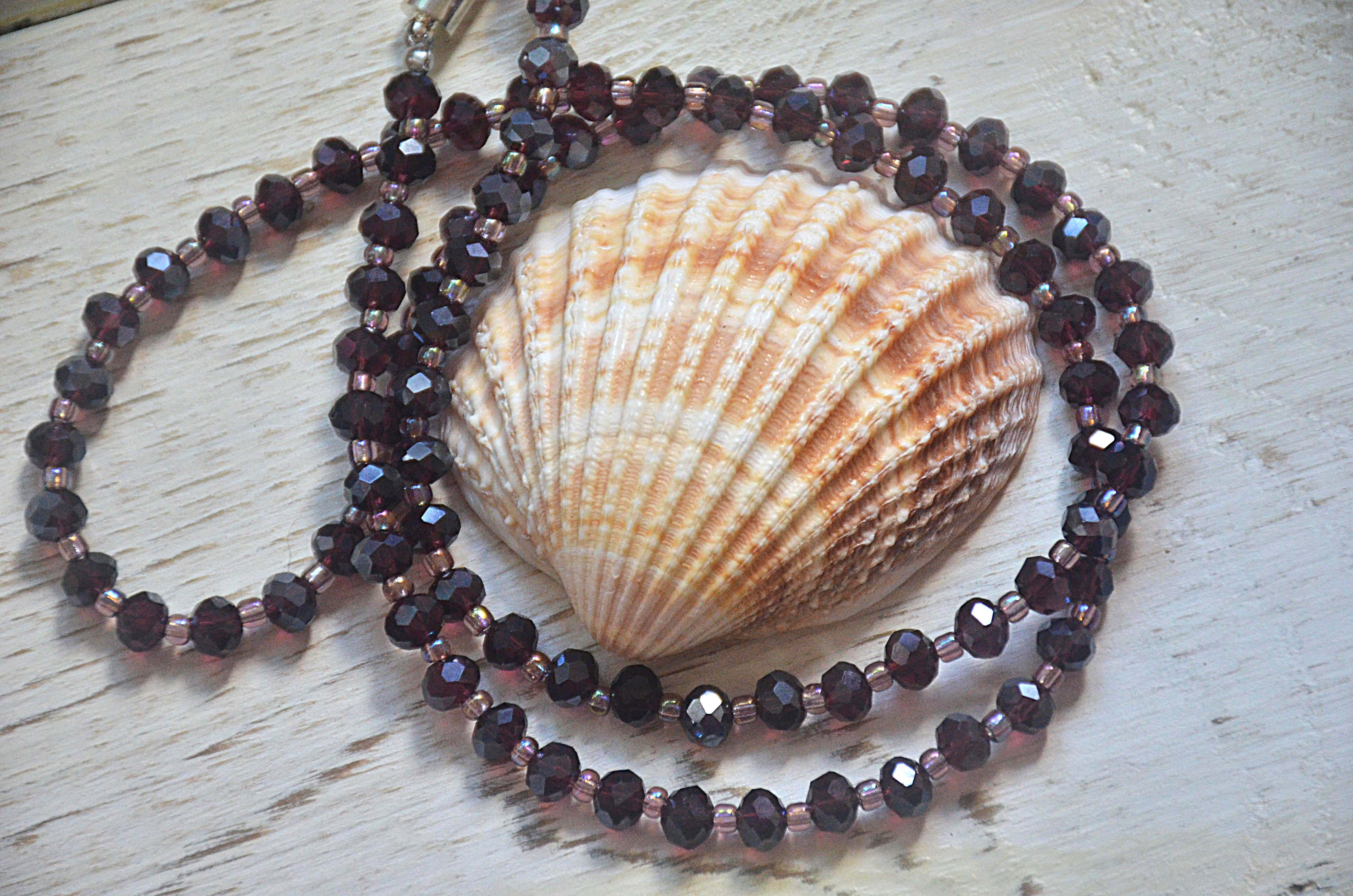 Burgundy Wine Necklace Faceted Glass Beads + Pastel Pink Seed Beads 23 inch
